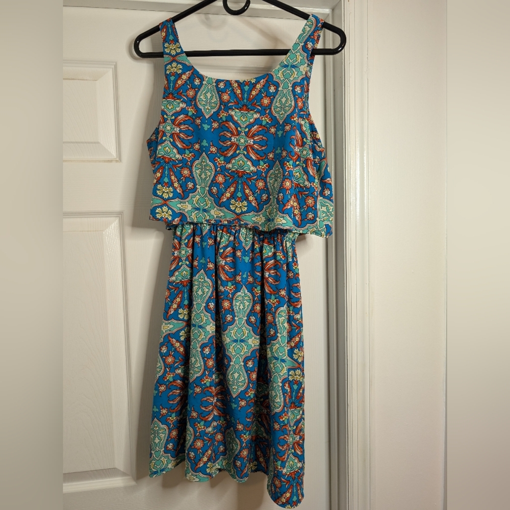 Peach Love California ModCloth Blue and Green Patterned Dress With Flouncy Top